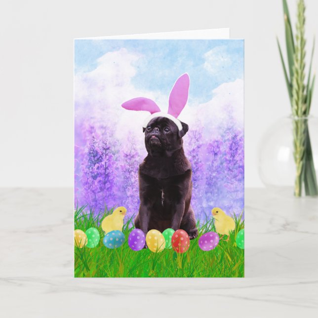 Pug Dog with Easter Eggs Bunny Chicks Holiday Card (Front)