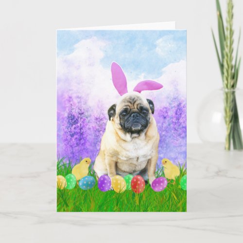 Pug Dog with Easter Eggs Bunny Chicks Holiday Card