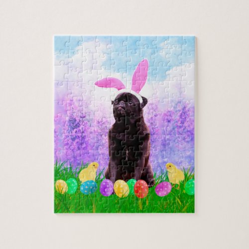 Pug Dog with Easter Eggs Bunny Chicks Jigsaw Puzzle