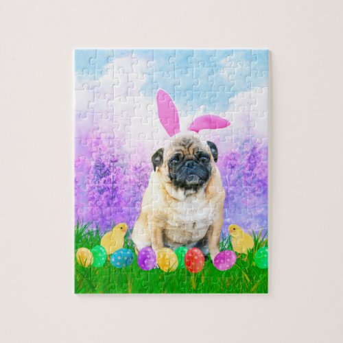 Pug Dog with Easter Eggs Bunny Chicks Jigsaw Puzzle