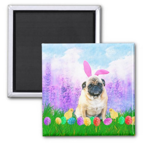 Pug Dog with Easter Eggs Bunny Chicks Magnet