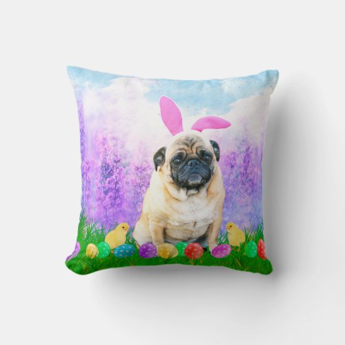 Pug Dog with Easter Eggs Bunny Chicks Throw Pillow