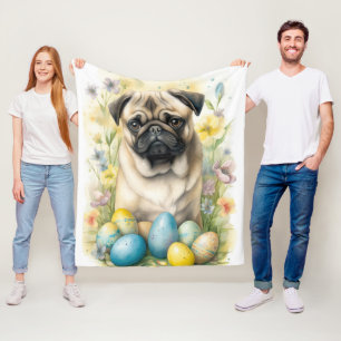 Pug Dog with Easter Eggs Holiday Fleece Blanket