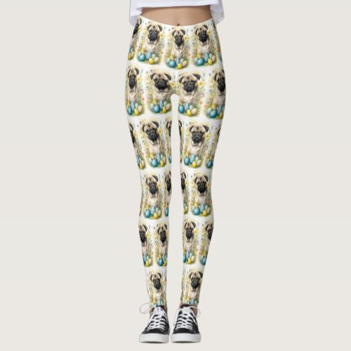 Pug Dog with Easter Eggs Holiday  Leggings