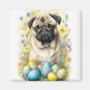Pug Dog with Easter Eggs Holiday Magnet