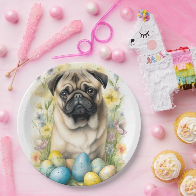 Pug Dog with Easter Eggs Holiday  Paper Plates (Party)