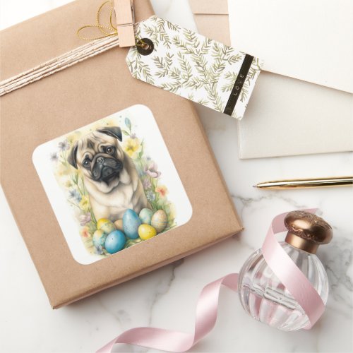 Pug Dog with Easter Eggs Holiday  Square Sticker