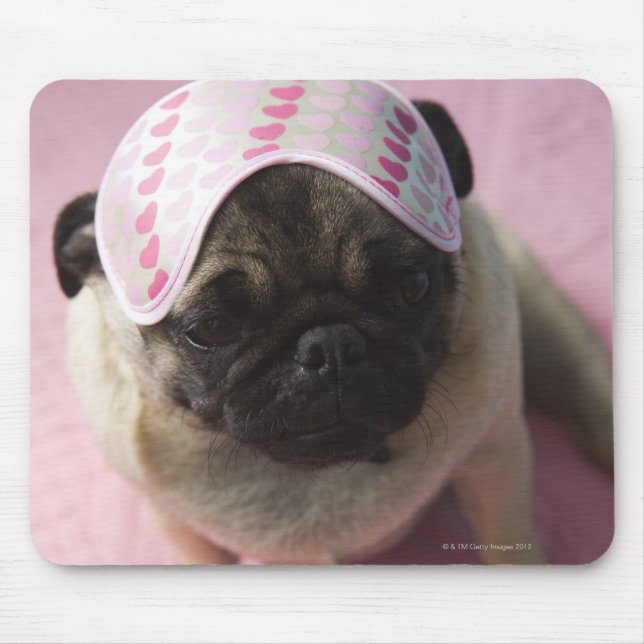 Pug dog with eye mask on head sitting on bed, mouse pad (Front)