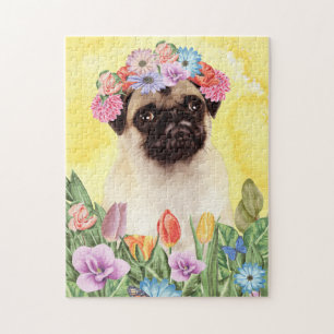 Pug Dog with Flowers Spring Jigsaw Puzzle