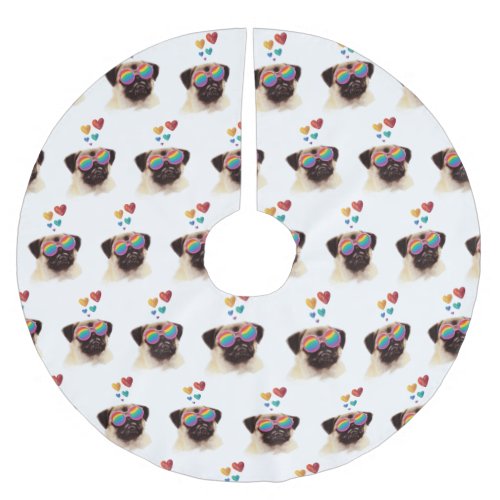 Pug Dog with Hearts Valentines Day  Brushed Polyester Tree Skirt