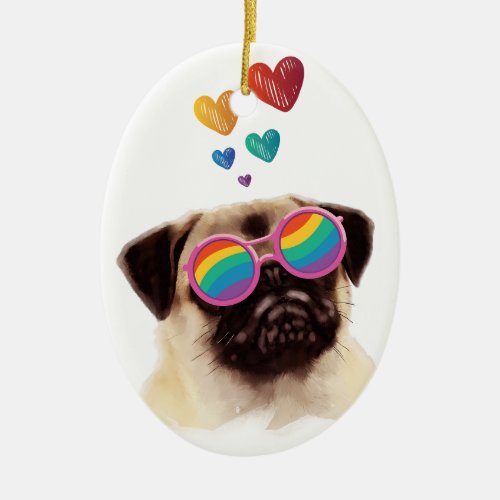 Pug Dog with Hearts Valentines Day Ceramic Ornament