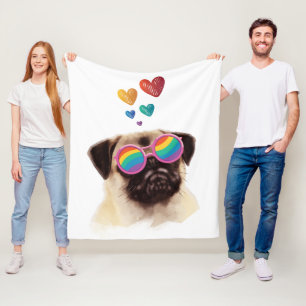 Pug Dog with Hearts Valentine's Day Fleece Blanket