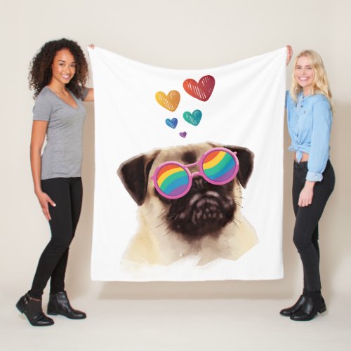 Pug Dog with Hearts Valentines Day Fleece Blanket