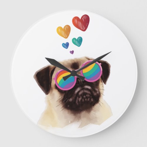 Pug Dog with Hearts Valentines Day Large Clock