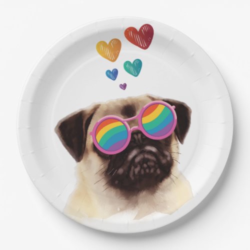 Pug Dog with Hearts Valentines Day Paper Plates