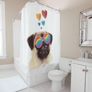 Pug Dog with Hearts Valentine's Day Shower Curtain