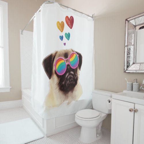 Pug Dog with Hearts Valentines Day Shower Curtain