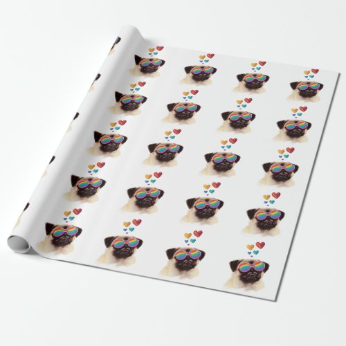 Pug Dog with Hearts Valentines Day Wrapping Paper