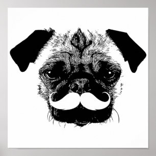 Pug Dog with Mustache Black & White Poster