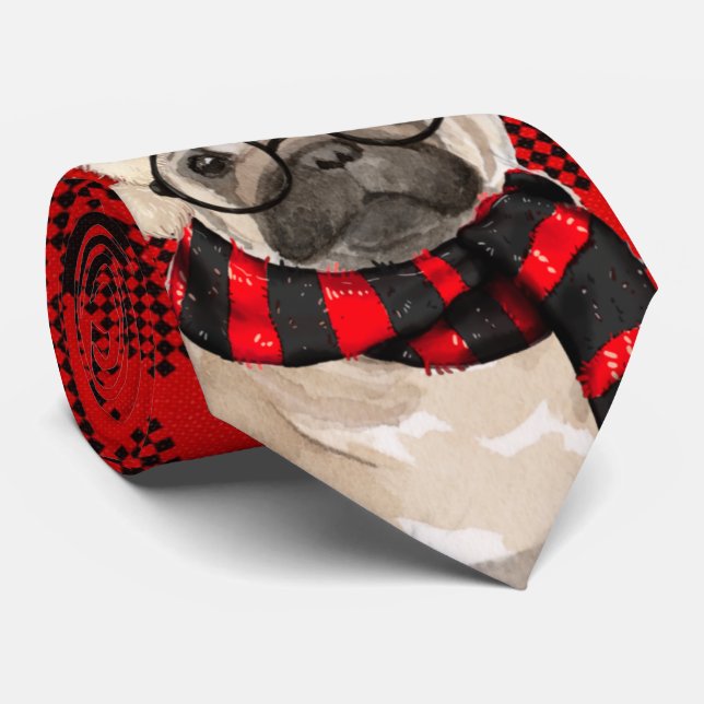 Pug Dog with Red Plaid Holiday Christmas Neck Tie (Rolled)