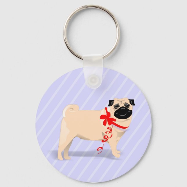Pug Dog with Red Ribbon Keychain (Front)