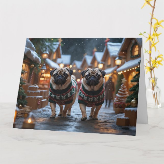 Pug Dogs Christmas Snow Holiday Card (Yellow Flower)