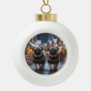Pug Dogs Christmas Snow Holiday Ceramic Ball Christmas Ornament