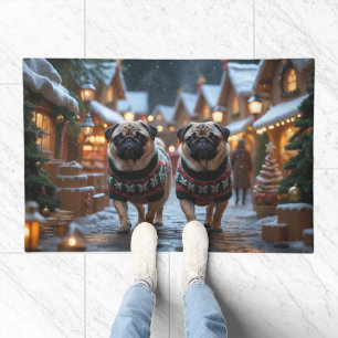 Pug Dogs Christmas Snow Holiday Doormat