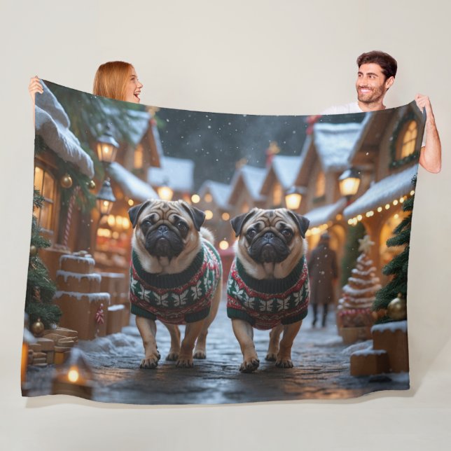 Pug Dogs Christmas Snow Holiday Fleece Blanket (In Situ)