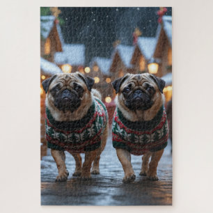 Pug Dogs Christmas Snow Holiday Jigsaw Puzzle