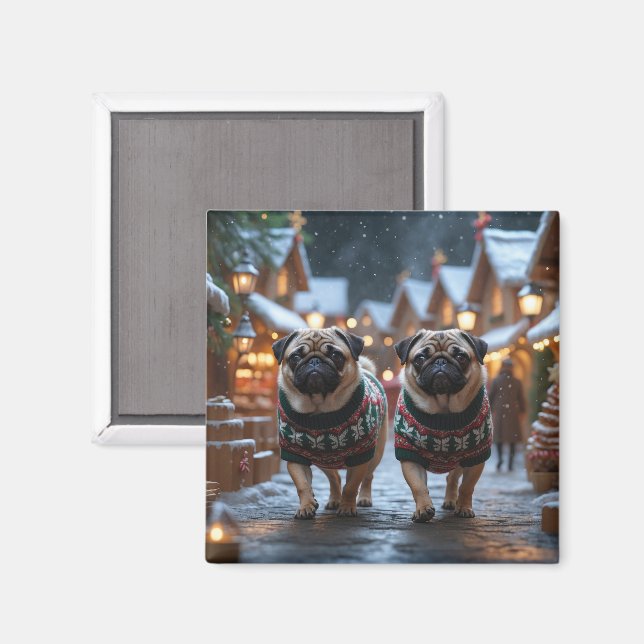 Pug Dogs Christmas Snow Holiday Magnet (Front/Back)