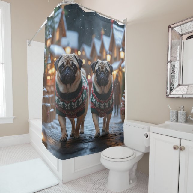 Pug Dogs Christmas Snow Holiday Shower Curtain (In Situ)