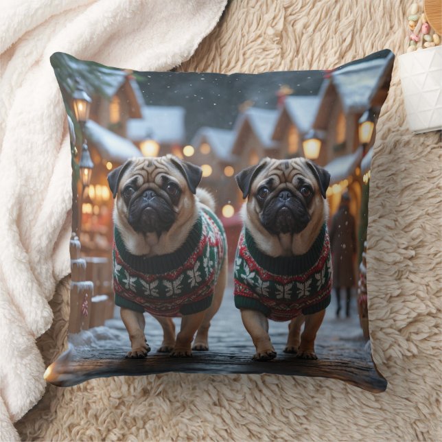 Pug Dogs Christmas Snow Holiday Throw Pillow (Blanket)