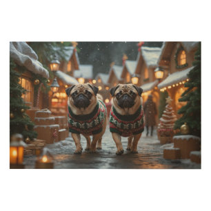 Pug Dogs Christmas Snow Holiday Wood Wall Art