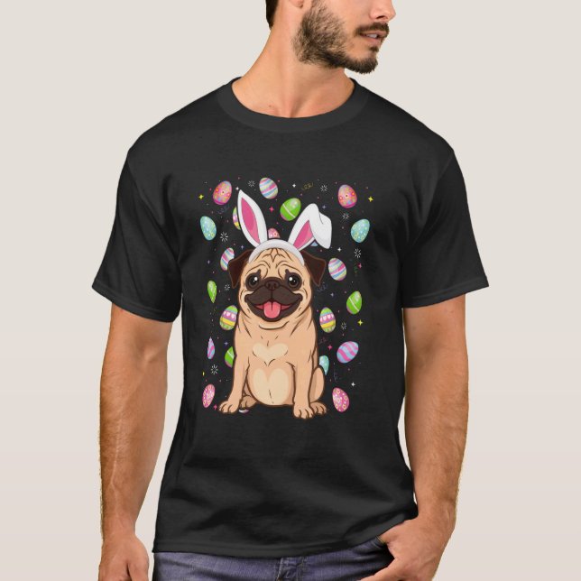 Pug Dogs Easter Egg Hunt Bunny Ear Pug Easter T-Shirt (Front)