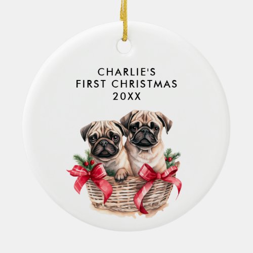 PUG Dogs First Christmas CUTE PHOTO Ceramic Ornament