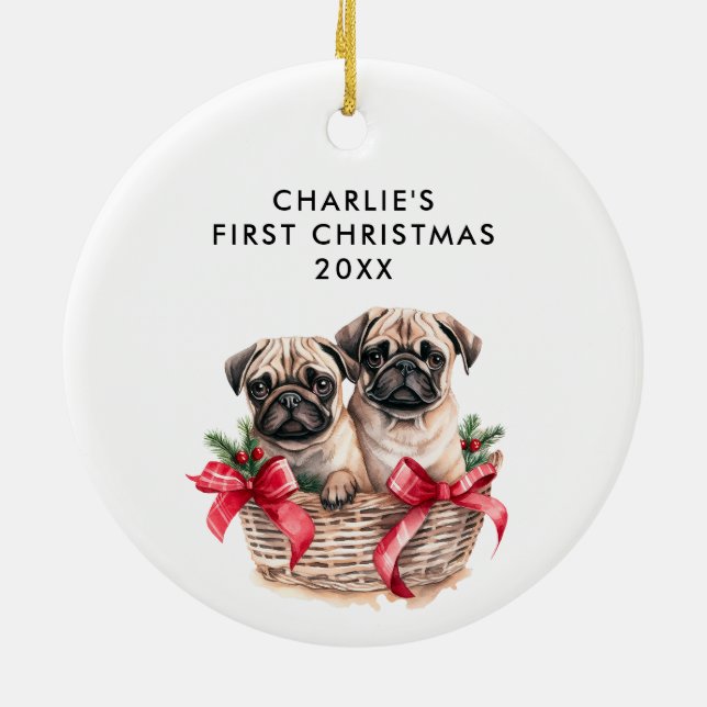 PUG Dog's First Christmas CUTE PHOTO Ceramic Ornament (Back)