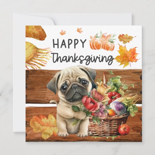 PUG Dogs  Happy Thanksgiving Day watercolor  Holiday Card