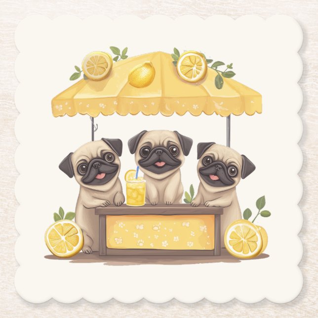 Pug Dogs Lemonade Stand Paper Coaster (Front)