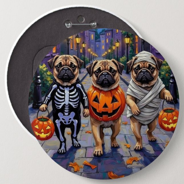 Pug Dogs Trick-or-Treating in Halloween Costumes Button (Front & Back)
