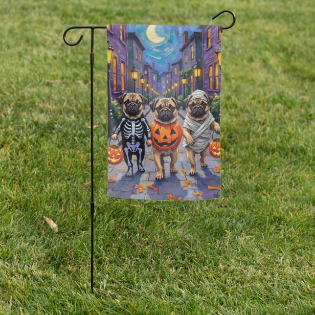 Pug Dogs Trick-or-Treating in Halloween Costumes Garden Flag (In SItu)