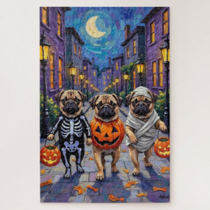 Pug Dogs Trick-or-Treating in Halloween Costumes Jigsaw Puzzle