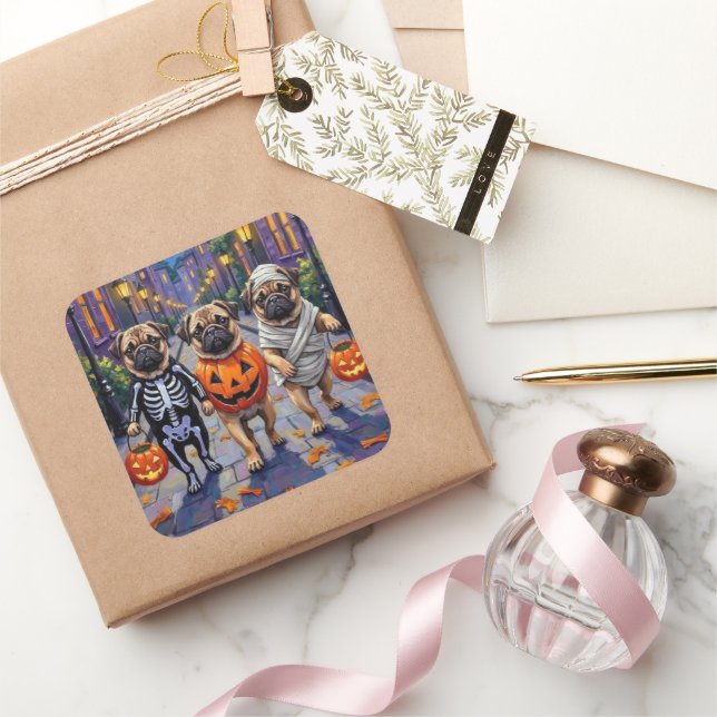 Pug Dogs Trick-or-Treating in Halloween Costumes Square Sticker (Gifting)