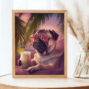 Pug Drinking Cocktail Summer Pet Portrait Poster