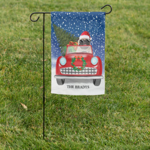 Pug Driving Car In Snow Christmas Garden Flag