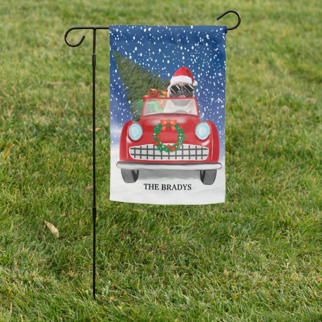 Pug Driving Car In Snow Christmas  Garden Flag (In SItu)