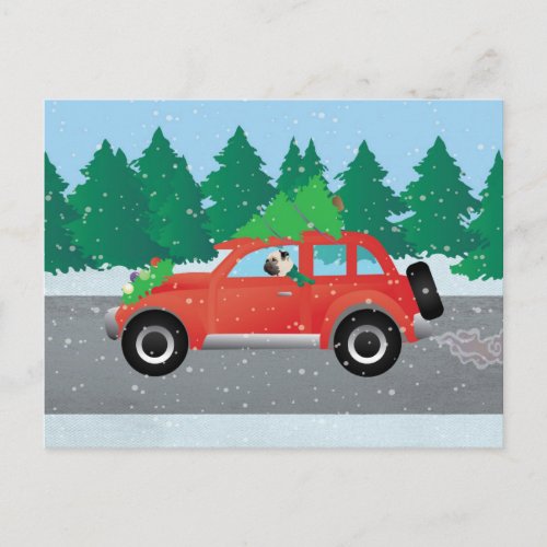 Pug Driving Car with Christmas Tree on Top Holiday Postcard