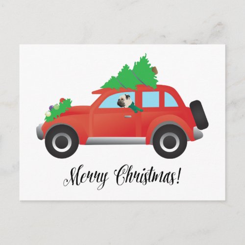 Pug Driving Car with Christmas Tree on Top Holiday Postcard