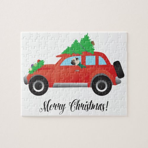 Pug Driving Car with Christmas Tree on Top Jigsaw Puzzle