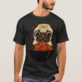 Pug Eating Ramen Cute Dog Noodle Bowl Illustration T-Shirt